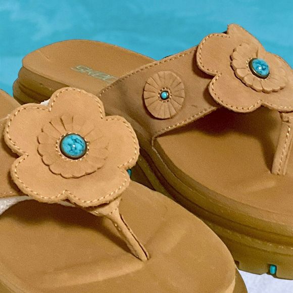 Vtg 90's Y2K Skechers Sky Jammers Wheat Tan Leather Thong Sandals Size 6 W WIDE - Picture 5 of 16